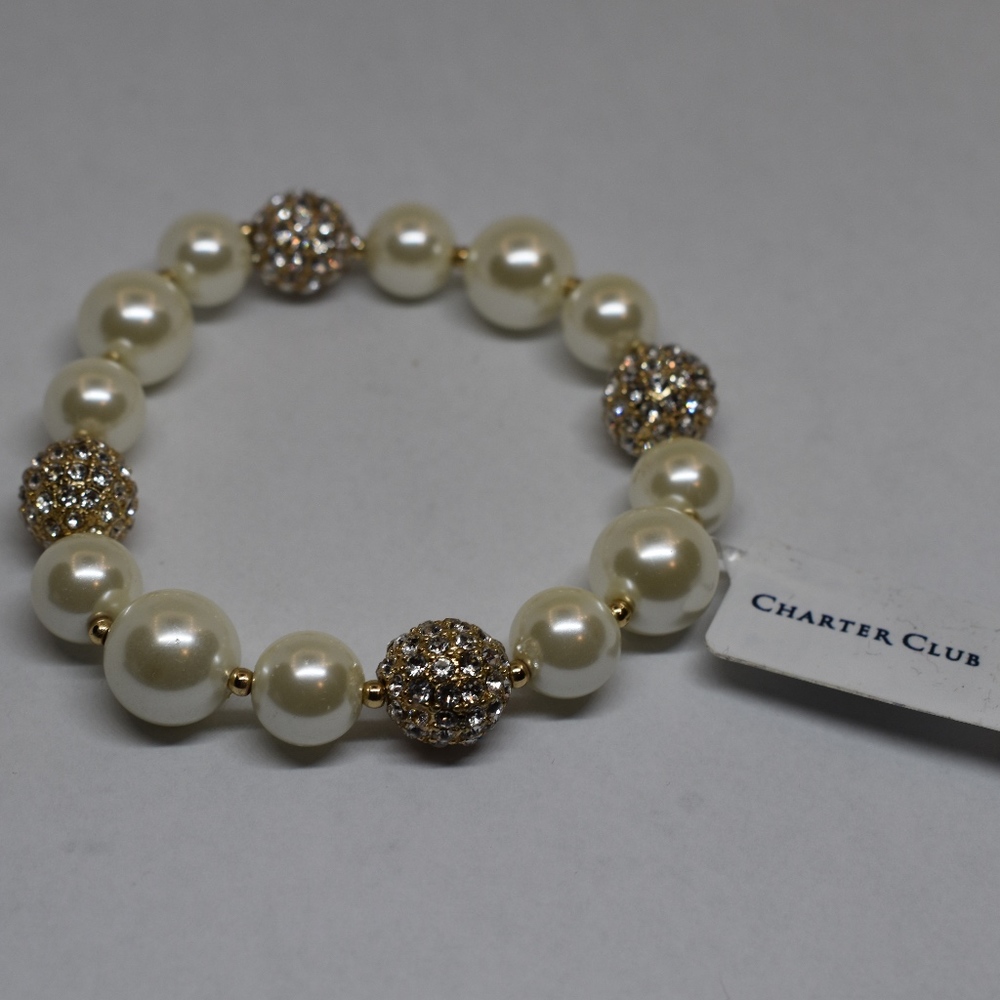 Gold-Tone Pearl and Crystal Pavé Stretch Bracelet